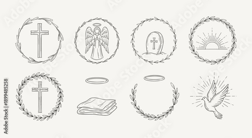 Collection of religious and spiritual line art icons including crosses, angels, and doves