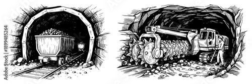 Collection of industrial mining scenes featuring tunnels with a mine cart and heavy machinery