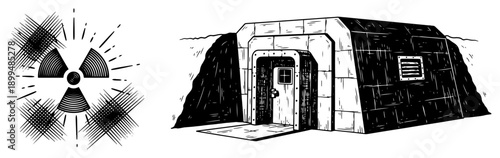Vintage style engraving of a nuclear radiation symbol and an underground bunker entrance