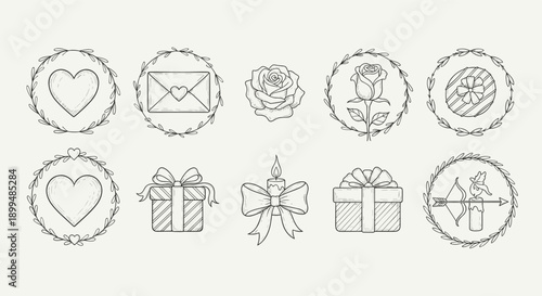 Collection of hand-drawn romantic icons for Valentine's Day and love themes