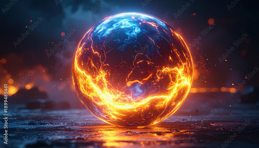 Obraz premium Radiant Orange and Blue Energy Sphere with Electrical Arcs and Smoke on Dark Ground