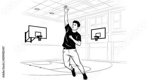 Young man in casual clothes jumping to shoot a basketball in a gym