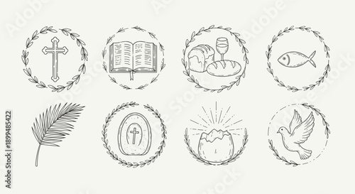Christianity symbols in decorative wreaths, hand-drawn line art collection