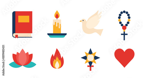 Collection of spiritual and religious symbols in a flat design style