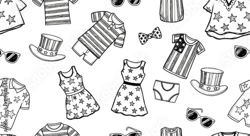 Colorful Outfits and Accessories on Dark Background in Playful Pattern Style