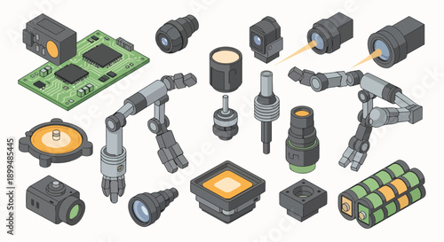 Advanced electronic and robotic components isometric vector illustration collection automation technology engineering science digital future