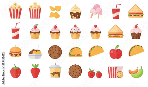 Modern Flat Food and Snacks Icon Pack for App UI and Web Design Vector Set
