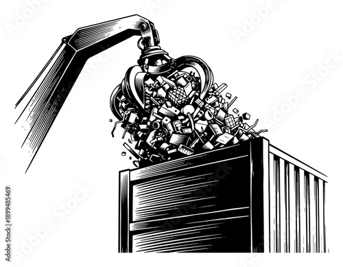 Vintage engraving illustration of an industrial grapple lifting scrap metal into a container