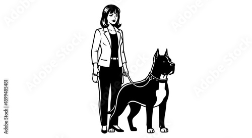 Woman in business attire walking a muscular pit bull dog on a leash, black and white illustration