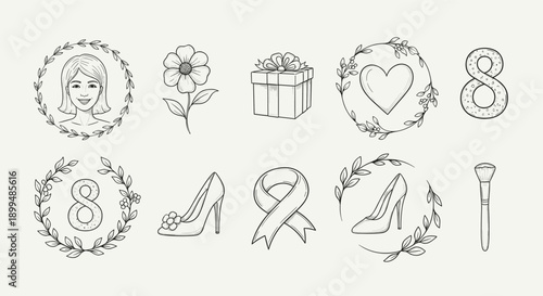 Collection of hand-drawn icons celebrating International Women's Day with feminine symbols