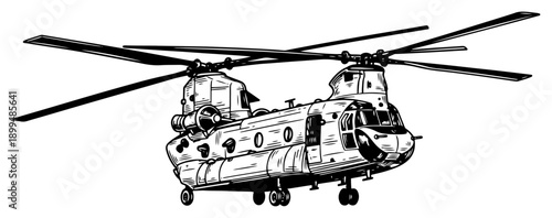 Military heavy lift cargo helicopter with tandem rotors vintage engraving illustration