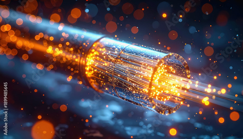 Transparent Fiber Optic Cable with Fiery Light Pulses, High-Speed Data Concept