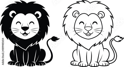 Cute cartoon lion character black and white silhouette outline vector illustration kids animal mascot design set