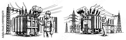 Electrical engineer inspecting high voltage power transformer at substation vintage engraving