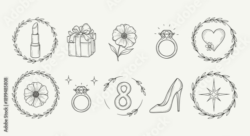 Collection of hand-drawn feminine icons including lipstick, gift, flower, ring, and high heel