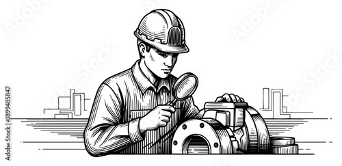 Hand drawn sketch of a technician using a magnifying glass to inspect mechanical components