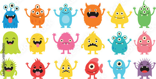 Cute colorful cartoon monster characters set with funny expressions vector illustration kids design fantasy creature collection