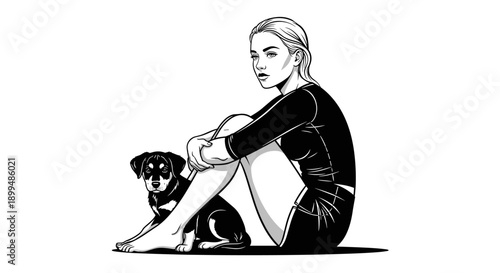 Stylized illustration of a young woman and a puppy sitting together in a minimalist black and white style