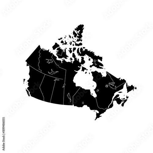 Canada Map Black Silhouette with White Region Outlines – Editable Layered EPS | Canada Outline Vector