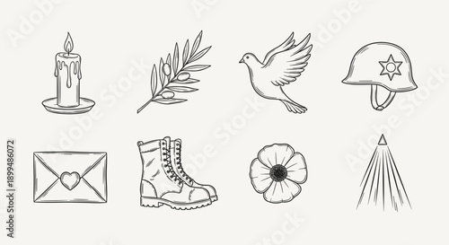 Collection of symbols representing peace, remembrance, and military service
