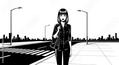 Stylish woman with a handbag walking on a city street with a crosswalk and skyline