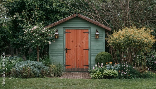 Colorful Garden Shed Surrounded by Plants and Flowers in a Wooded Area