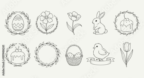 Hand-drawn Easter icons featuring a bunny, chick, egg, cake, tulips, and wreaths