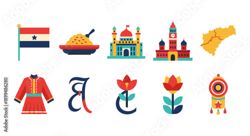 Collection of flat design icons representing cultural elements and landmarks from a specific region