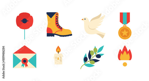 Collection of symbols representing remembrance, peace, and military service
