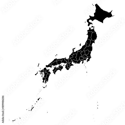 Japan Map Black Silhouette with White Region Outlines – Editable Layered EPS | Japan Outline Vector