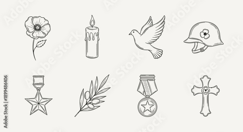 Collection of symbols representing remembrance, peace, and military honor in a hand-drawn style
