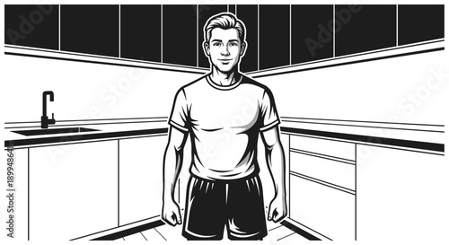 Young man standing in a modern kitchen with minimalist design and clean lines