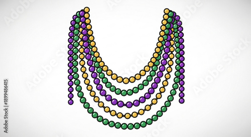 Colorful mardi gras beads in purple green and gold on white background festive carnival jewelry