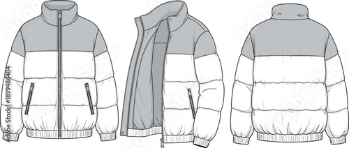 puffer, jacket, winter, fashion, illustration, insulated, outerwear, clothing, template, warm, garment, design, apparel, casual, sporty, coat, zipper, quilted, style, unisex