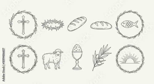 Collection of Christian symbols including cross, dove, bread, and Easter egg in hand-drawn style