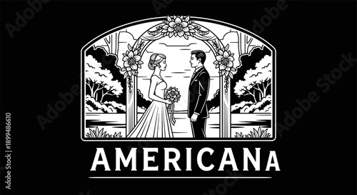 Elegant wedding ceremony illustration of a bride and groom under a floral archway