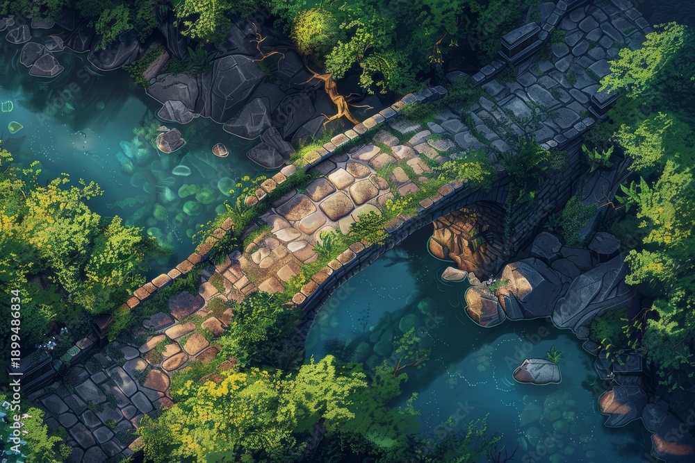 Fototapeta premium Stone bridge over water for DND map. Green foliage and rocks create game scene. Perfect for fantasy role play design.