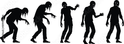 Zombie silhouette evolution sequence showing undead walking poses horror apocalypse concept isolated black figures on white background illustration vector art