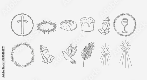 Collection of religious and Easter symbols in a minimalist line art style