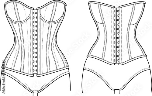 women's, corset, bustier, lingerie, fashion, template, technical, drawing, front, back, view, shapewear, underwear, apparel, mockup, vector, garment, design, illustration, clothing