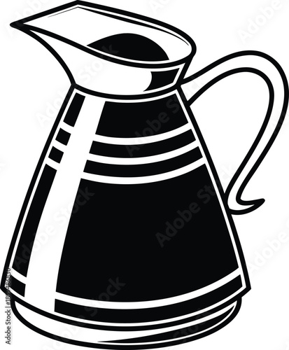 Black and white of a striped carafe with a handle and spout pitcher vessel container