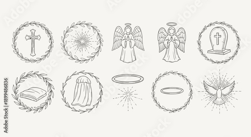 Collection of religious and spiritual line art icons with angels, crosses, doves, and halos