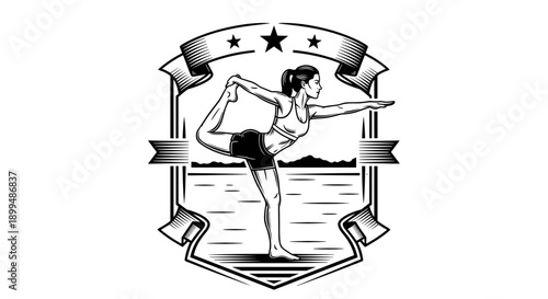 Woman performing yoga pose in a decorative crest with a serene landscape background