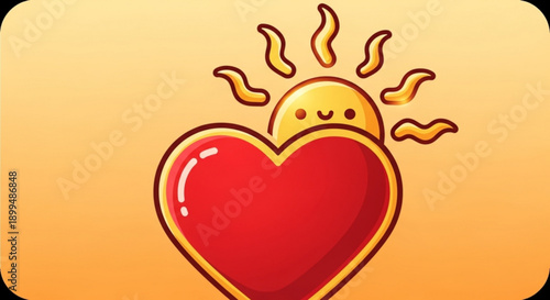 Smiling sun with heart symbol on warm orange gradient background conveying love and happiness