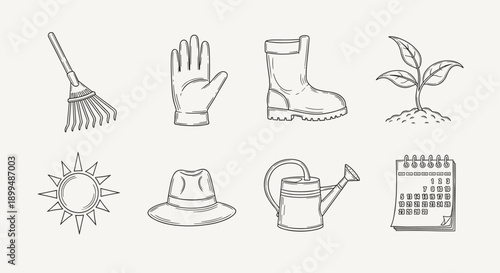 Gardening essentials collection with rake, gloves, boots, plant, sun, hat, watering can, and calendar