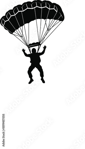 Parachutist landing silhouette with open canopy isolated on white background extreme sport aviation adventure freedom concept illustration