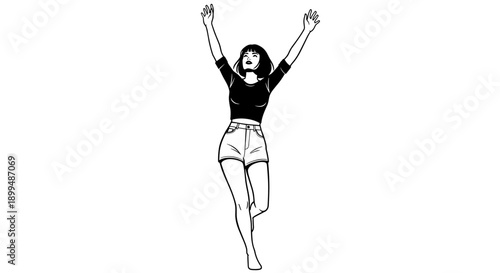 Stylized illustration of a woman with arms raised in celebration, wearing shorts and a crop top
