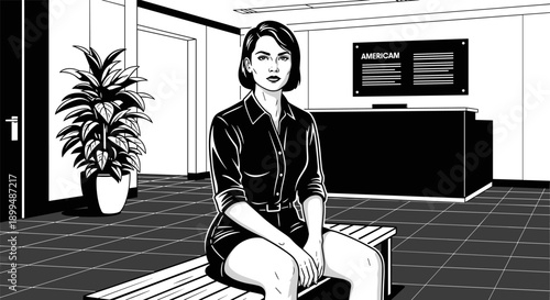 Woman sitting on a bench in a modern office lobby with a plant and reception desk