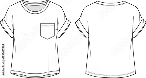 Technical fashion sketch of short-sleeved t-shirt with chest pocket, front and back views, vector illustration, editable design