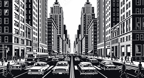 Vintage black and white illustration of a busy city street with classic cars and tall buildings
